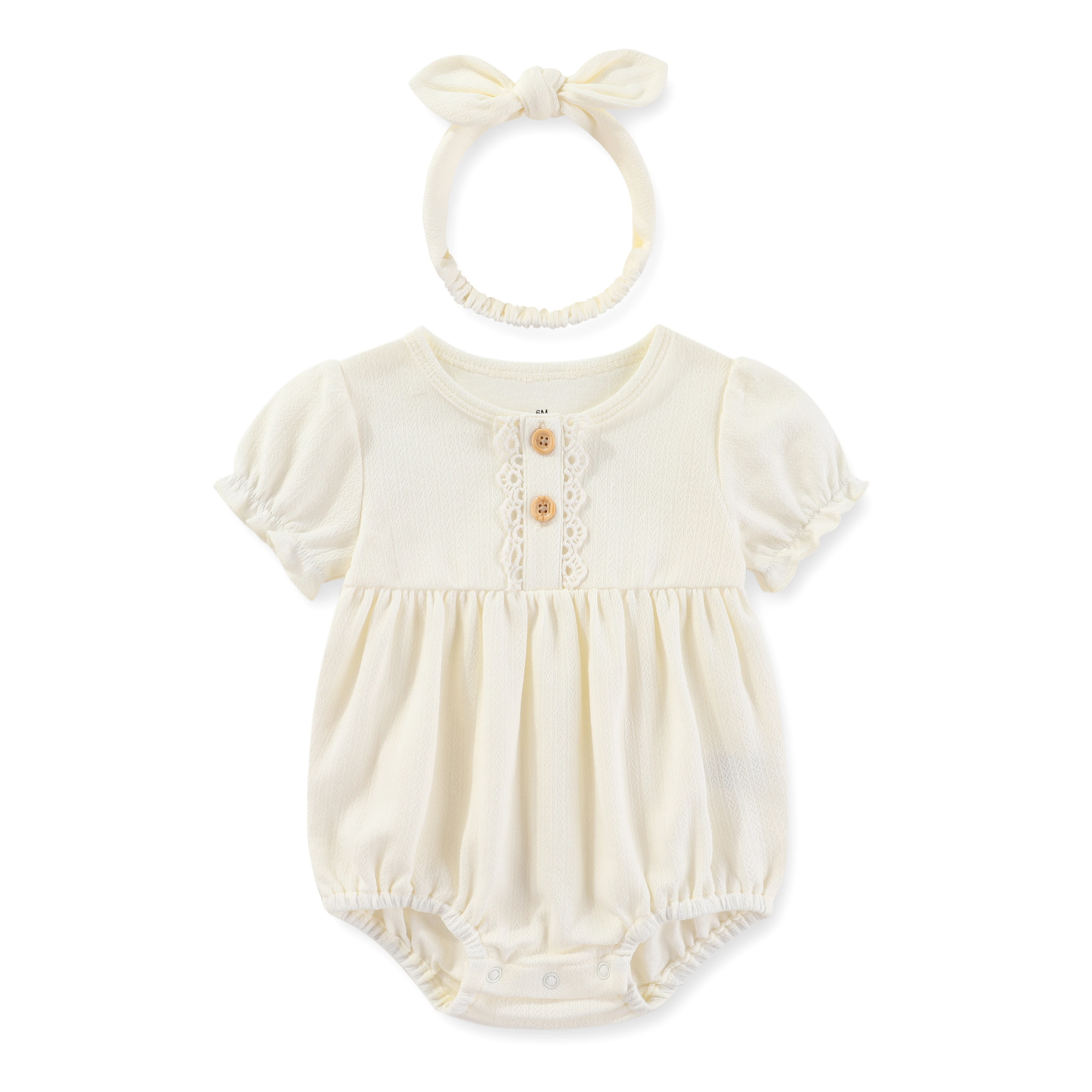 Conjunto de ropa de algodón para niña recién nacida, mono de manga corta con diadema, Color sólido, verano, 6-24 meses