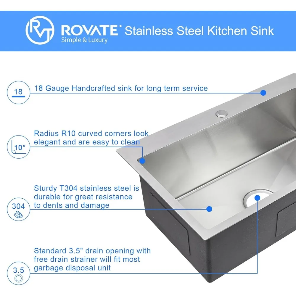 حوض مطبخ ستانلس ستيل 26 × 18 بوصة وعاء واحد 9 جبل عميق تصميم قطرة مصنوع يدويًا مع فتحة واحدة للصنبور