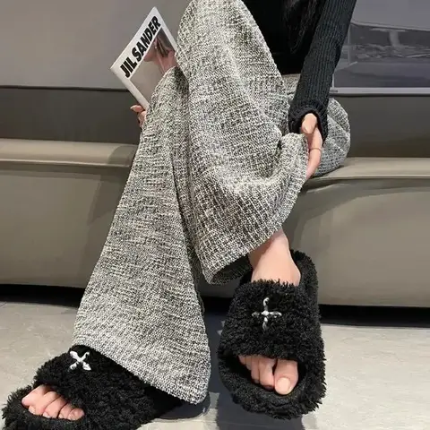 Tweed-stil dambyxor Bell Bottoms vår höst ny design bantning lös passform casual byxor raka ben draperade 10 best sales tweedbyxor - №10