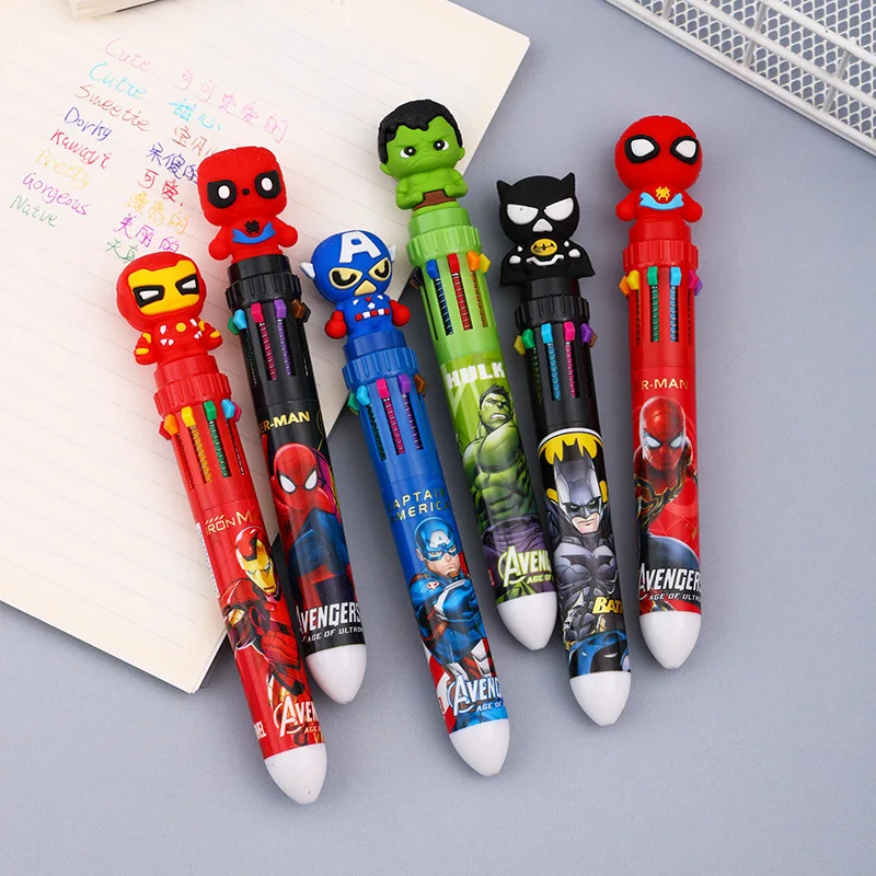 Marvel anime super-herói dos desenhos animados caneta esferográfica de dez cores multi-cor pvc caneta homem-aranha homem de ferro estudantes assinatura caneta aleatória1
