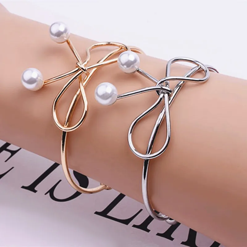 New Wedding Jewelry Simple Copper Casting Knot Open Metal Bangle Bracelet Cute Simulated Pearl Butterfly Adjustable Bangles Gift