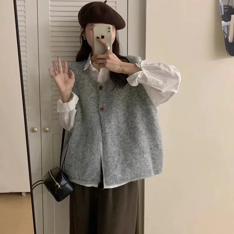 

Womens Knitted Vest Korean Round Neck Two Button Cardigan Spring Autumn Winter New Loose Versatile