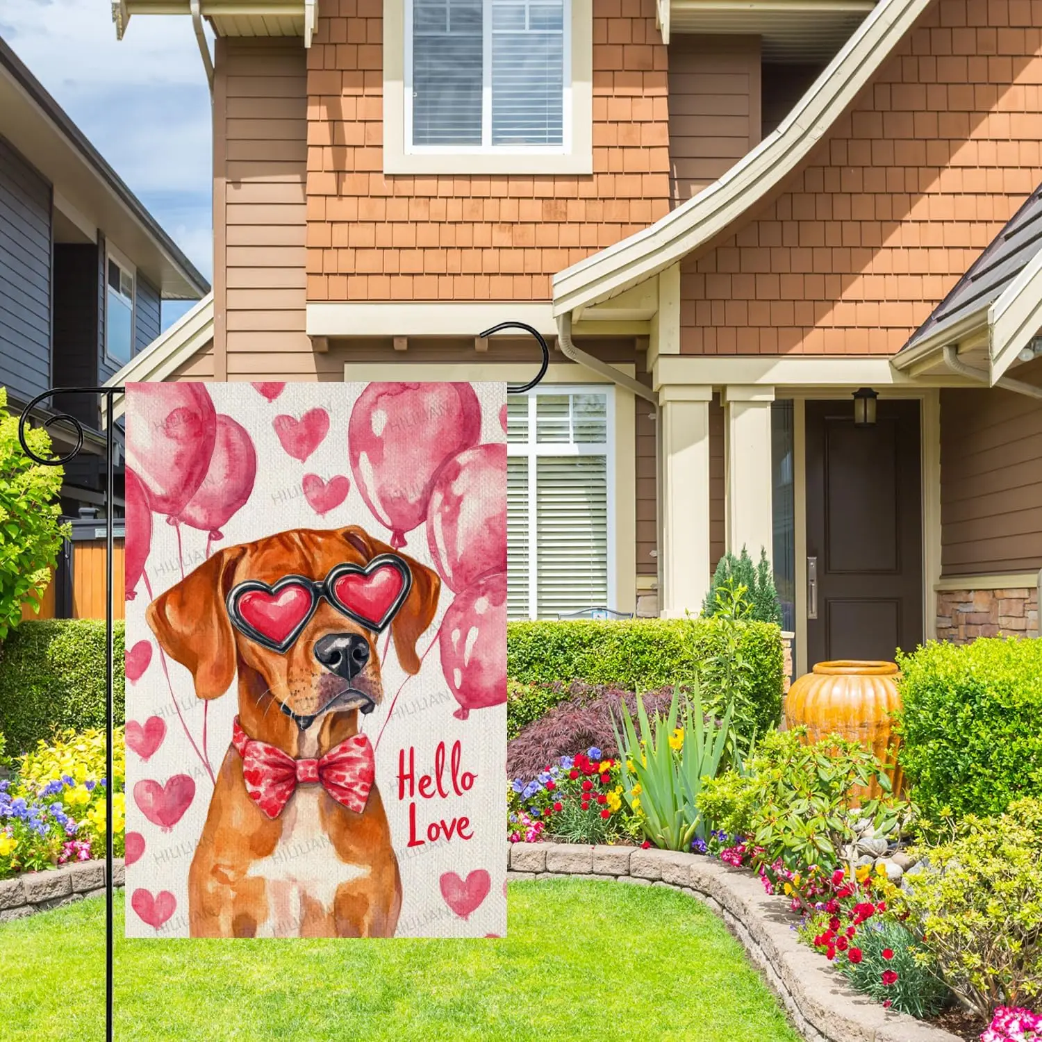 HILILIAN Valentine's Day Rhodesian-Ridgeback-Dog Hello Love Garden Flag, House Yard Plaid Love Heart Outside Decoration, LLO uui