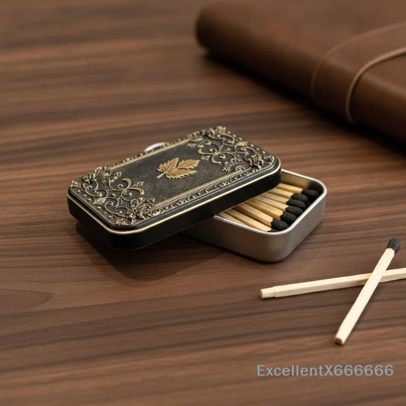 Vintage Embossed Metal Match Holder Tin Box Retro Leaf Floral Pattern Match Storage Container Portable Match Case Empty Box