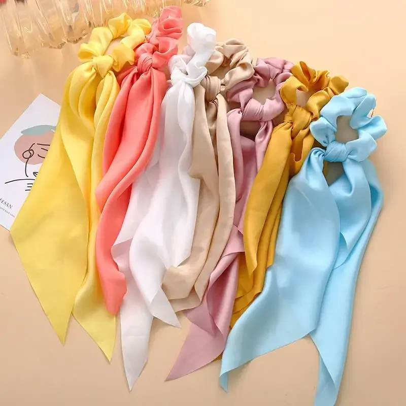 1Pc Solid BowKnot Hair Ties Scrunchies Women Girls Elastic Hair Bands Long Headwear Ribbon Bow Ponytail Hair Accessories Braids