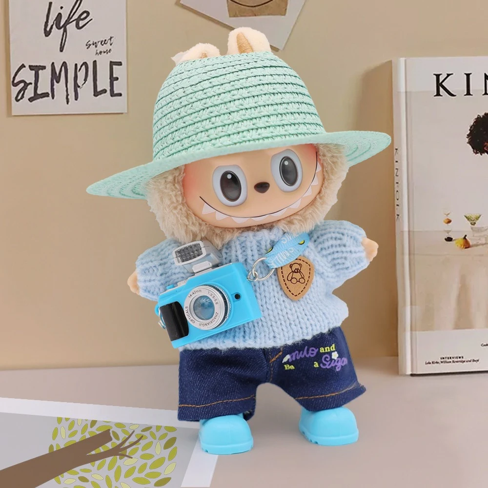 Labubu suéter versatile creativo, pantalones vaqueros, sombrero de paja, conjunto de zapatos