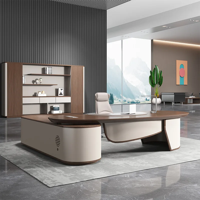 Simple and modern boss table, painted solid wood leather manager table, special-shaped large class table