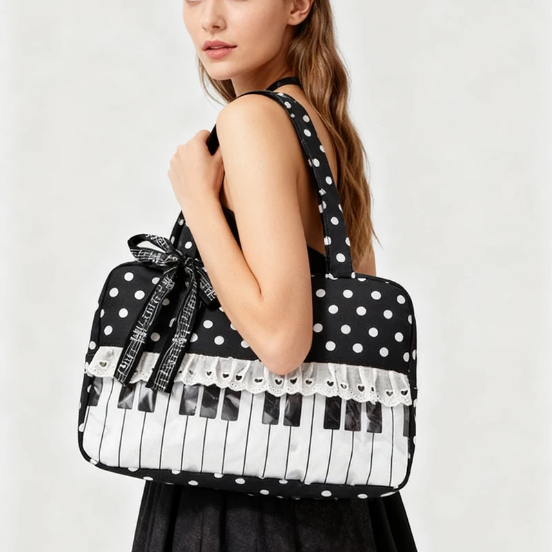 Polka Dot Piano Key Lace Ribbon Umhängetasche, Kontrastfarbe Patchwork Große Damen Bowling Tote Bag, Y2k Girls Wave Point Handtasche – Detail 7