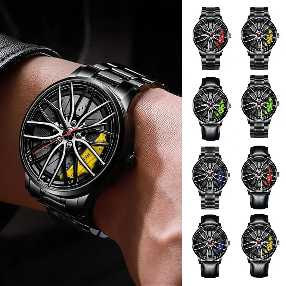 Men Quartz Watch Car Wheel Rim Hub Design Automatic Quartz Wristwatch Hidden Clasp Chronograph Luxury Male Clock Relojes