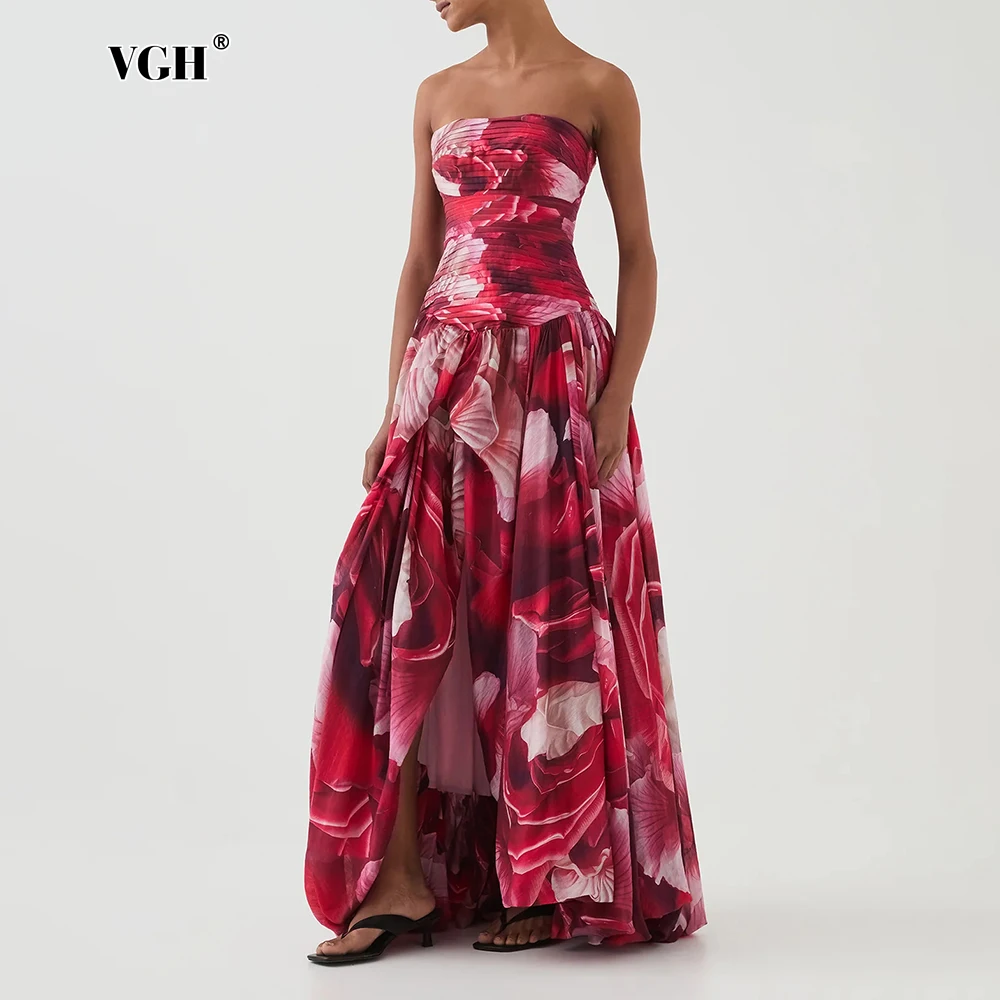

VGH Retro Hit Color Temperament Printing Dresses For Women Straples Sleeveless Backless High Waist Elegant Dress Female Fashion