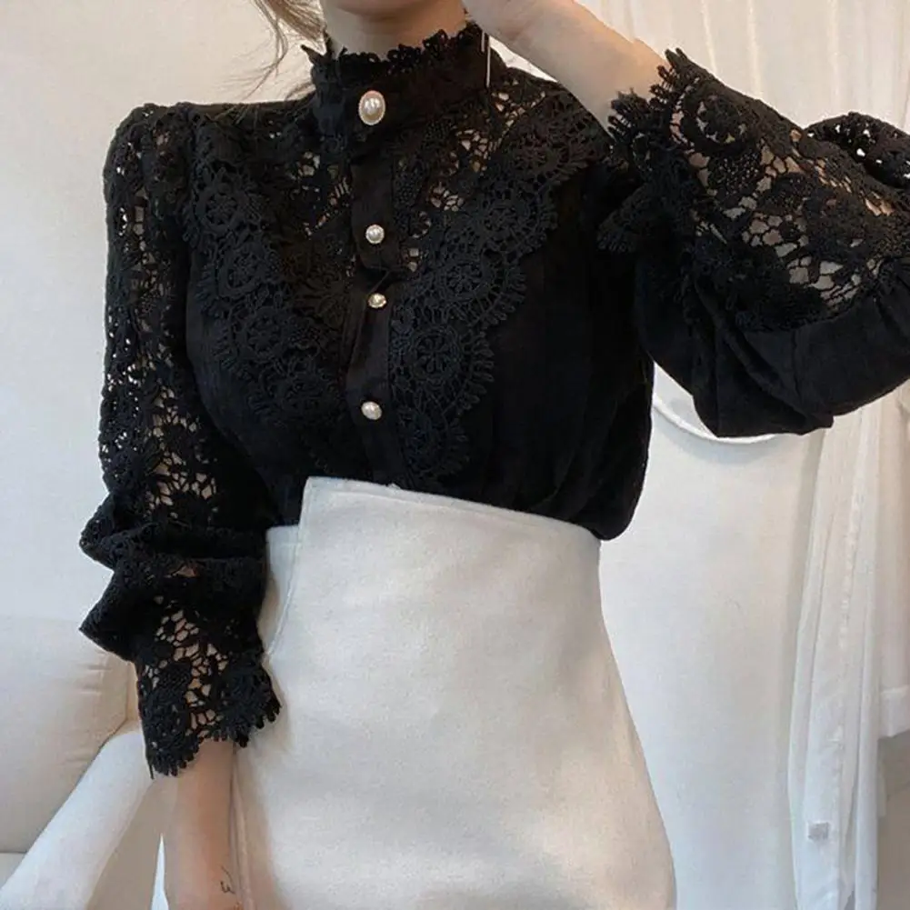 Lace Hollow Design Shirt Stylish Women's Lace Hollow Embroidery Shirt Tops with Stand Collar Lantern Sleeves for Fashionable