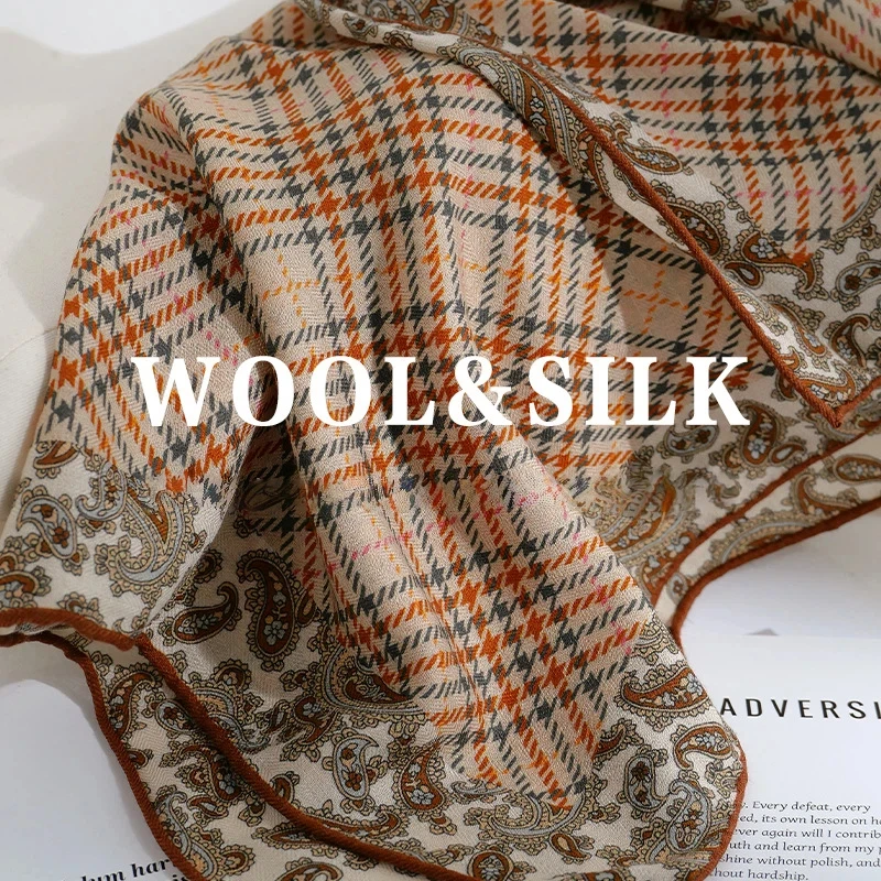 

70% Wool 30% Silk Scarf for Women Fall Vintage Paisley Pattern Square Scarf Elegant Womens Shawl Accessories Man Scarves