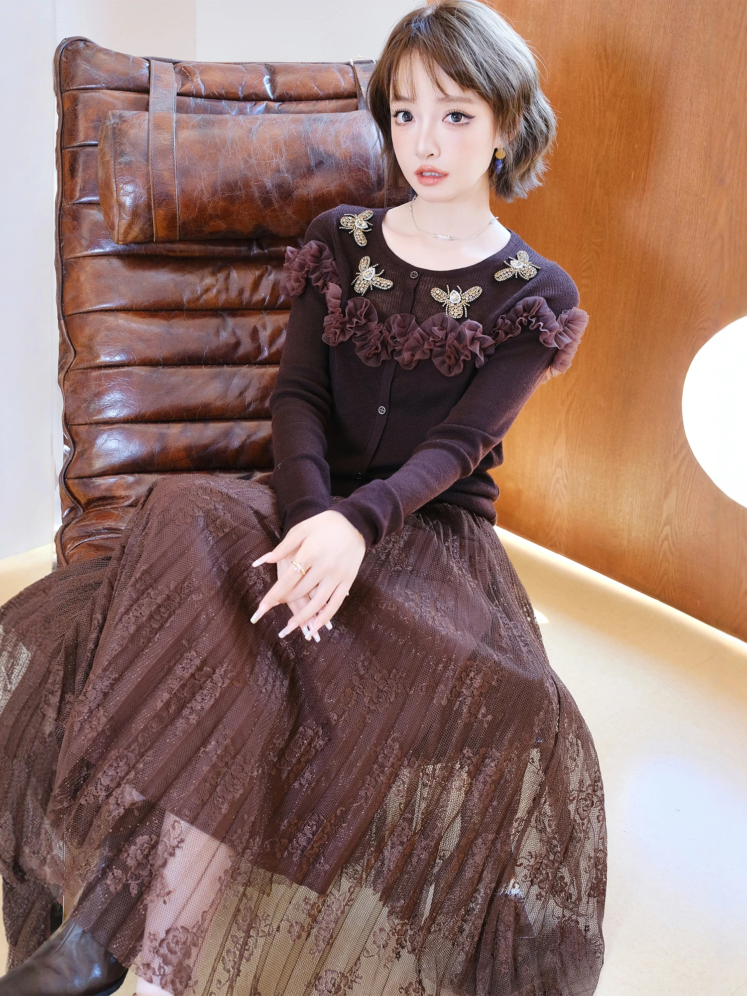 

MIUCO Bees Embroidery Knitted Sweater with Diamond Embelliment 3D Folded Flower Design Luxury Lightweight Open Cardigan