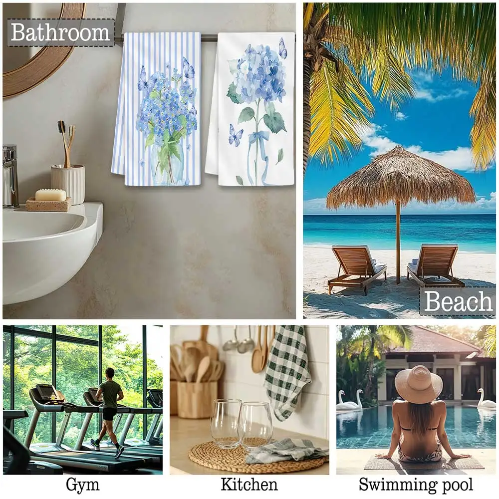 Jit 2pcs Hydrangea Butterfly Jar Striped Pattern Dish Towels For Home Kitchen Farmhouse Decor