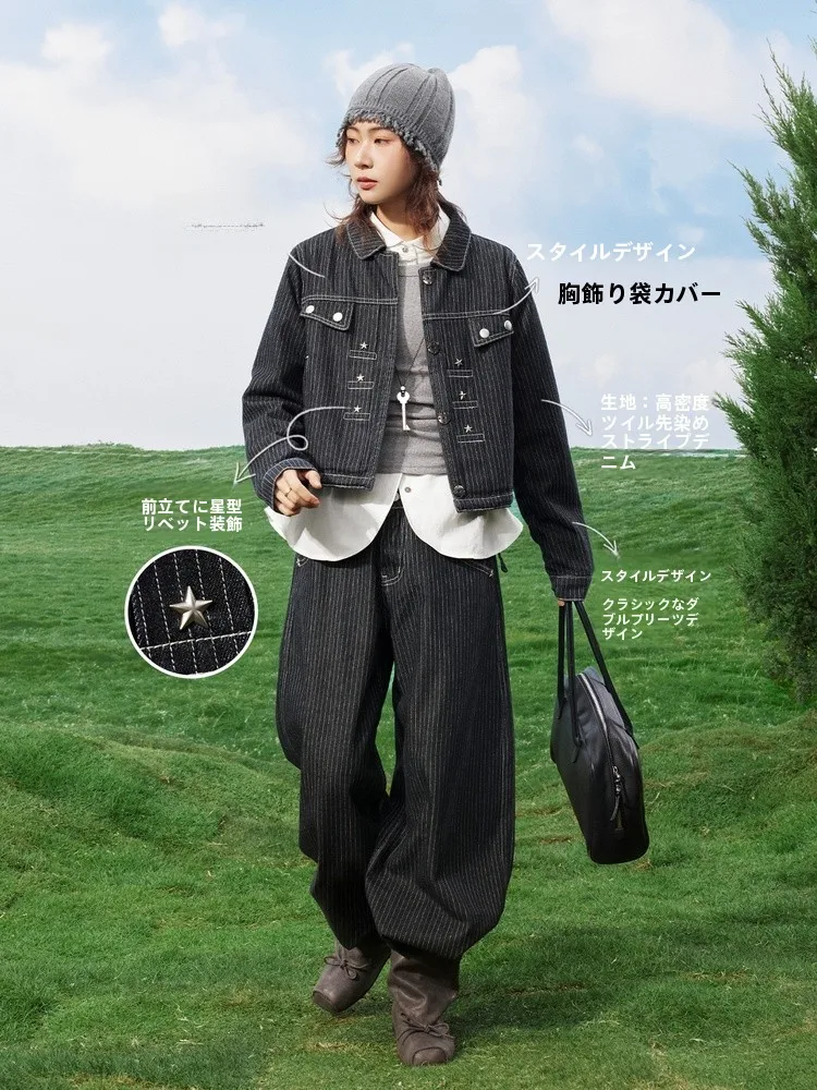 

Maood ex High Densi Denim Jaet Japanese Sle Star Rivet Utili Coat Breathable Cotton Long Sve Youth Faion