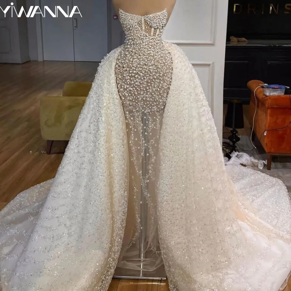 Sexy Illusion Bridal Dress Sparkly Pearls Beads Wedding Gown Luxury Mermaid With Detachable Train Bride Robe Vestido De Novia