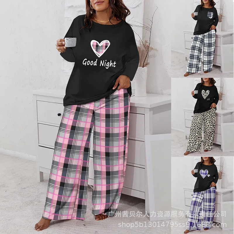 

Women Pant Sets Two Pieces Casual Matching Set Long Sleeve Print Round Neck Top Middle Elastic Waist Wide Leg Pants Loose Summer