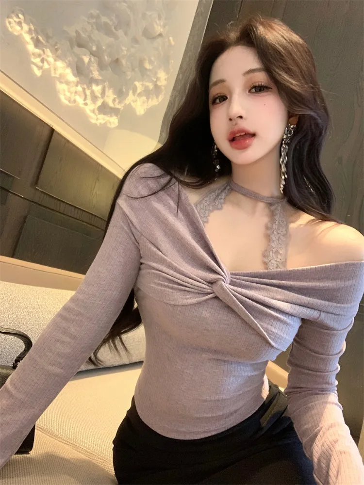 

Lace Neck Long Sleeve Knitted Top Women's Slim Fit Short Style Inner Wear Shirt Commute Style Simple Design Knitted Long Slee...