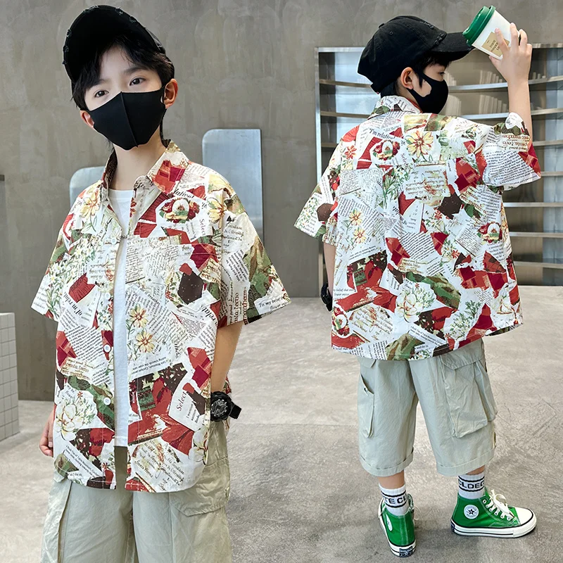 Kids Boy High Fashion Summer Short Sleeve Newspaper Shirt Tweens Child Stylish Streetwear Tops Outfits New Design Age 5 To 14 Y