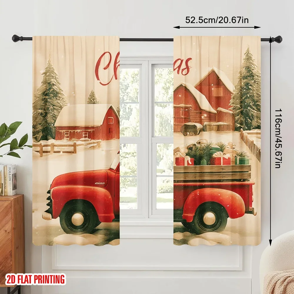 2pcs,2D plane printing Curtains Santa Red Truck Polyester (without rod) Decorations For Home for Room, Kitchen, Study, Bedroom,