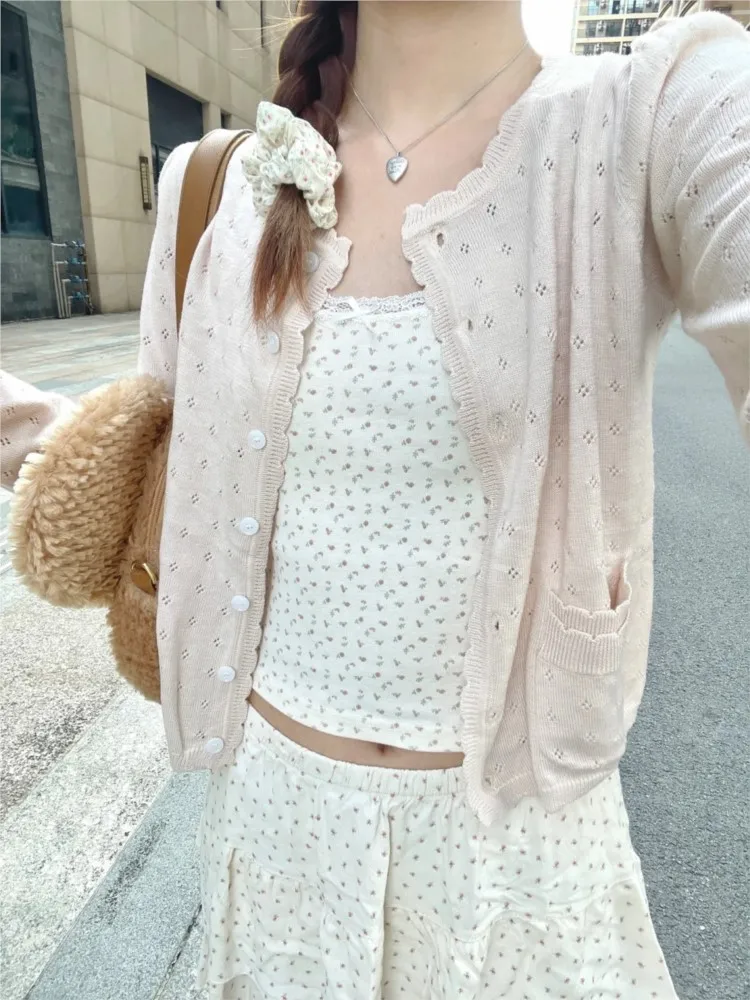 Beige Hollow Long Sleeve Knitted Cardigan Top For Women Autumn Spring Sweet Thin Sweater Wave Trim Pocket O Neck Chic Jackets