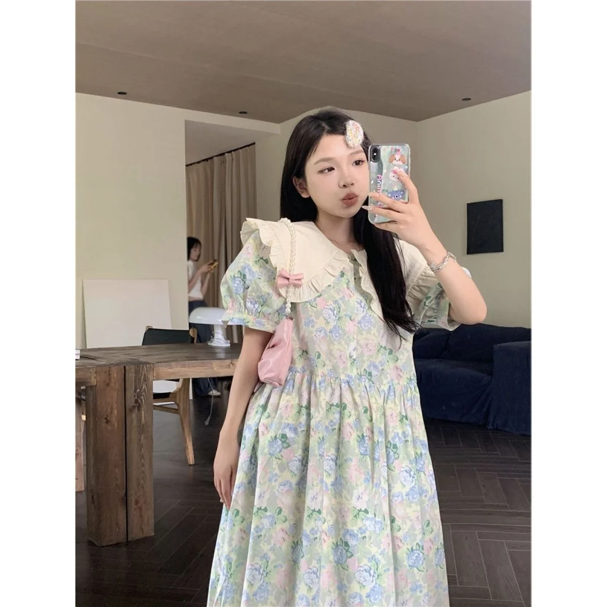 

plus Size 300 Pou Women's Retro Doll Collar Dr Summer Faionable Versatile Outerwear Long Dr Korean Sle Bubble Sl...