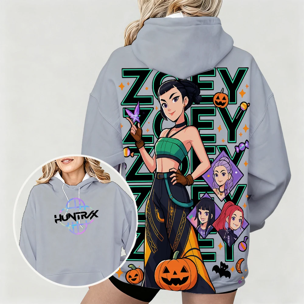 Sudadera con capucha para mujer con estampado de dibujos animados de KPop Demon Hunters Zoey, perfecta para estilo callejero, con diseño moderno temático de Halloween