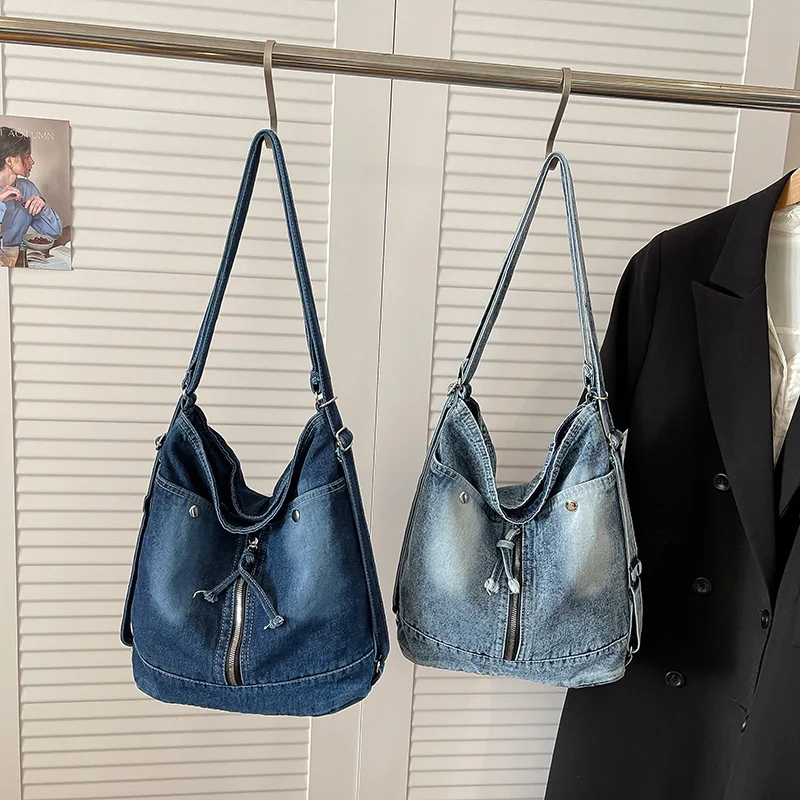 

Korean Style Ladies Single Shoulder Denim Bag Casual Cotton Backpack Multi-Functional Leisure Travel Bag for Women