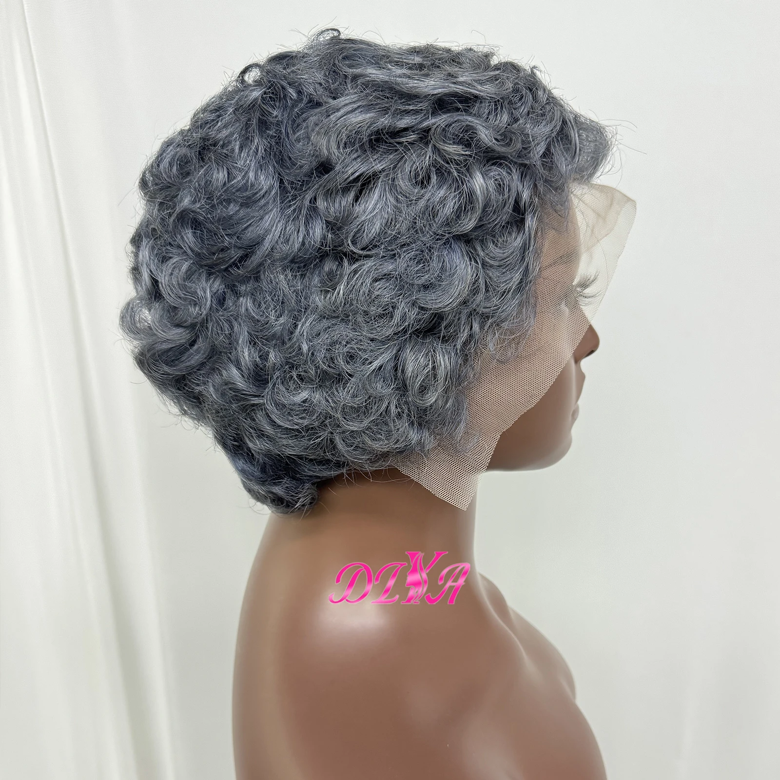 رمادي اللون عابث قطع مجعد موجة خصلات الشعر المستعار الإنسان 13x4 الدانتيل الشفاف الجبهة قصيرة الأفرو شعر بشري مجعد شعر مستعار للنساء السود