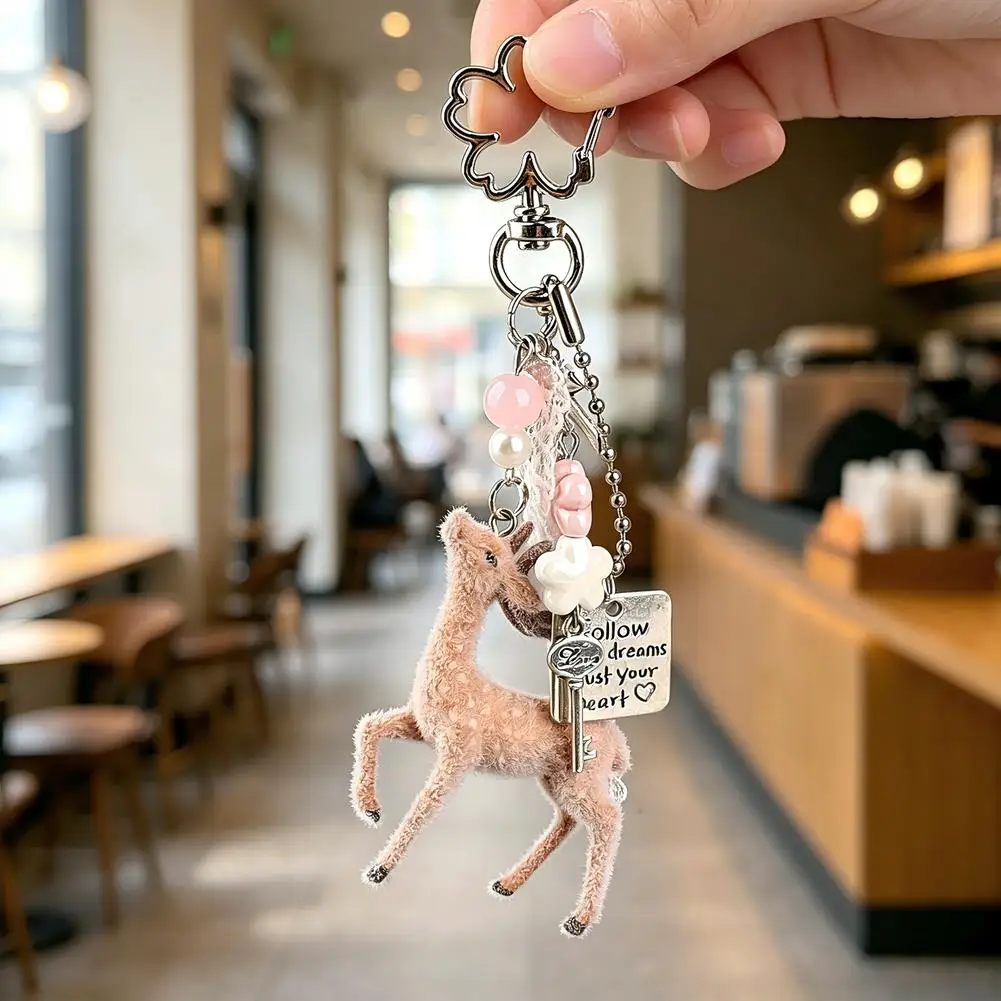 Cute Flocked Deer Keychain Pendant Portable Korean Style DIY Bead Case Handmade Bag Pendant for Women Accessories Gifts