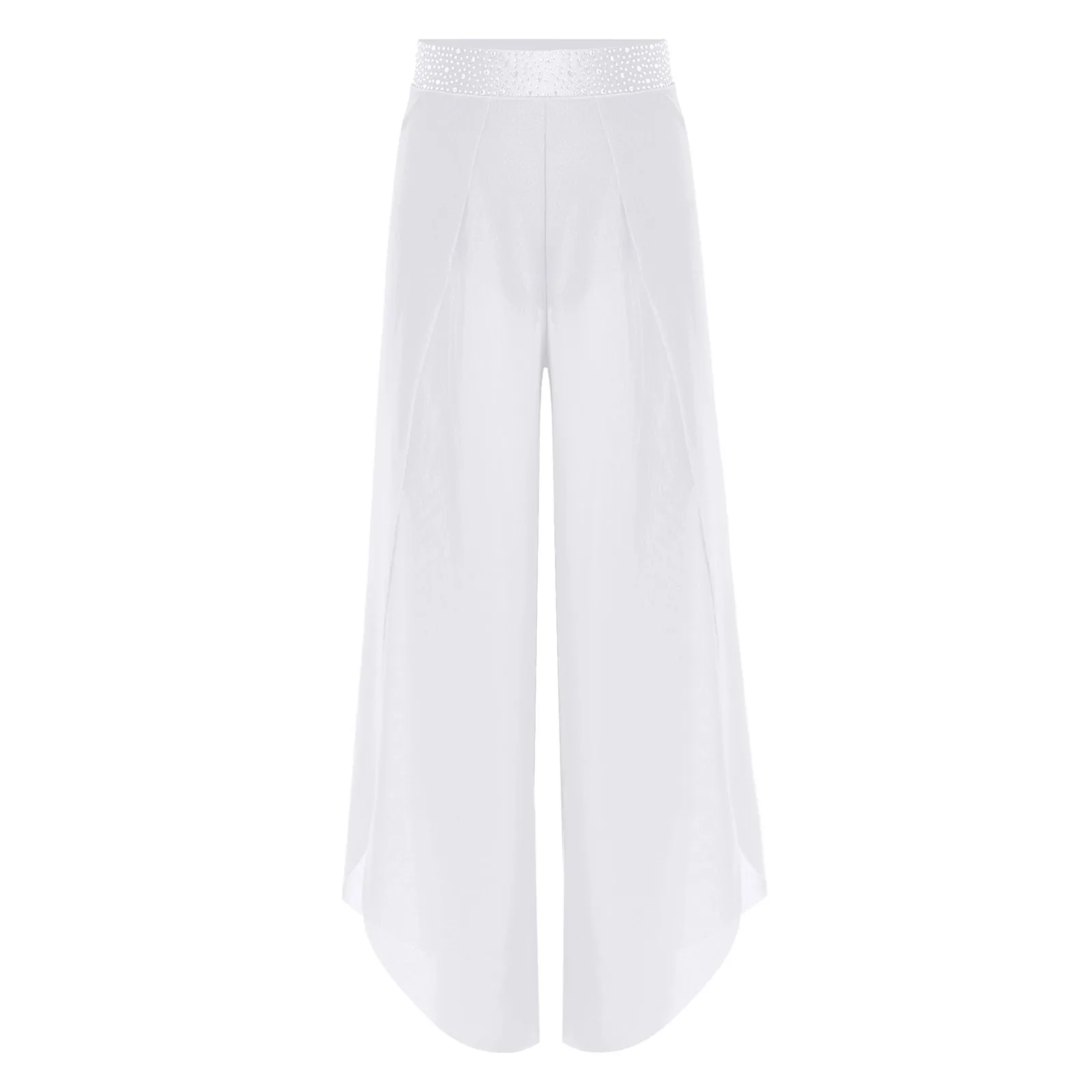 Girls Church Classical Dance Pants Outfits Shiny Rhinestone Side Split Mesh Trousers for Modern Ballet Dance Performance Wear