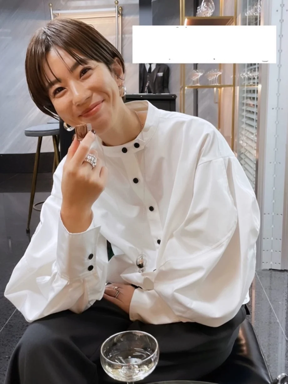 

Vintage Commute Long Sleeve Pure Cotton Bubble Lantern Sleeve Shirt Women Shoulder Drop Base Shirt Stand Collar