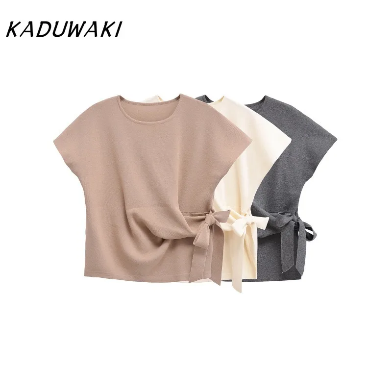 KADUWAKI Elegant Retro New Women Round Neck Short Sleeve Soft Knotted T Shirt Solid Casual Summer Tops Female Clothing 민소매 티 여성