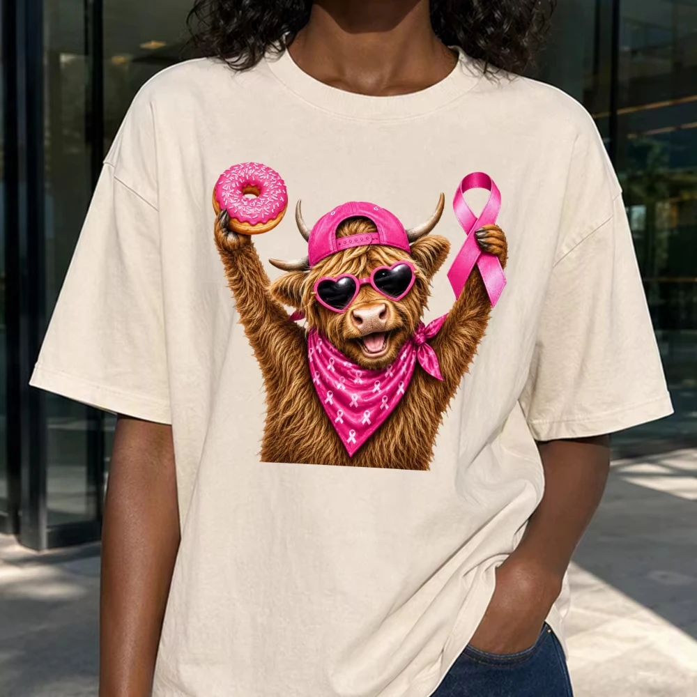 Pink Ribbon Highland Cow Tee Women Breast Cancer Awareness Western Farm Animal Short SleeveT-Shirt Donut Gift Tops