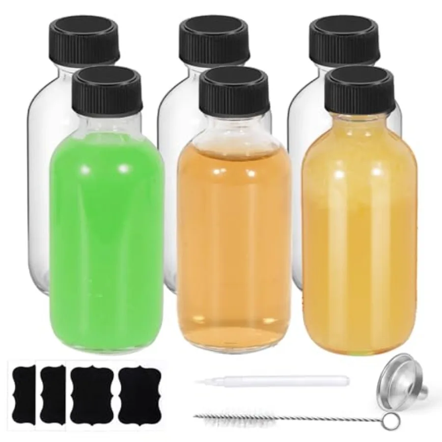 6-Pack 2oz 60ml Leakproof Boston Round Glass Bottles - Mini Travel Containers with Lids, Funnels, Chalk Marker, Brush and Label