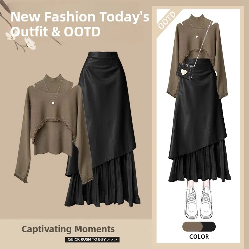 Fall Vintage Melne Women's Faion Set High Waist  Skirt Vest Tee-Piece Suit Casual Sle Long Sve Knitted Top