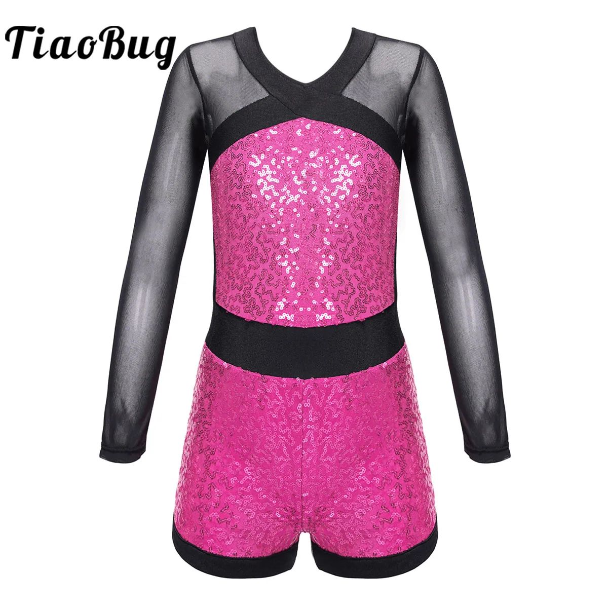 

Kids Girls Sequins Ballet Dance Shorty Unitards Gymnastics Leotards Bodysuit Jumpsuit Mesh Long Sleeves Latin Jazz Dance Costume