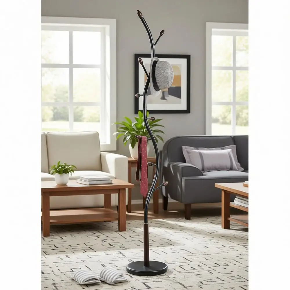 

Напольная вешалка для одежды из черного металла с отделкой под орех