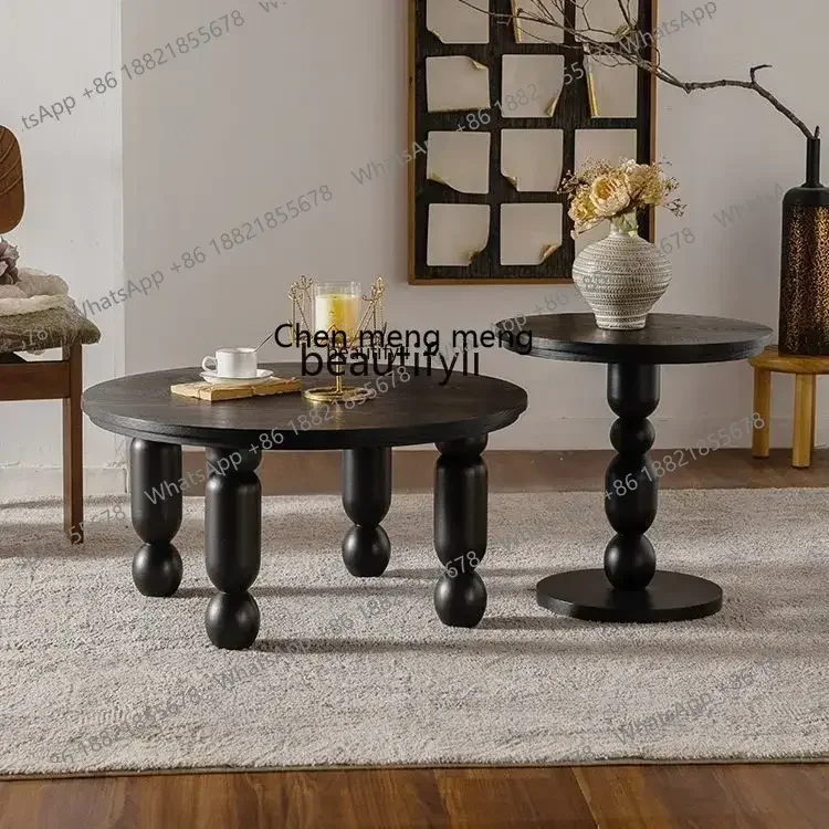 Solid wood black combination French coffee table retro living room home bed and breakfast simple light luxury round