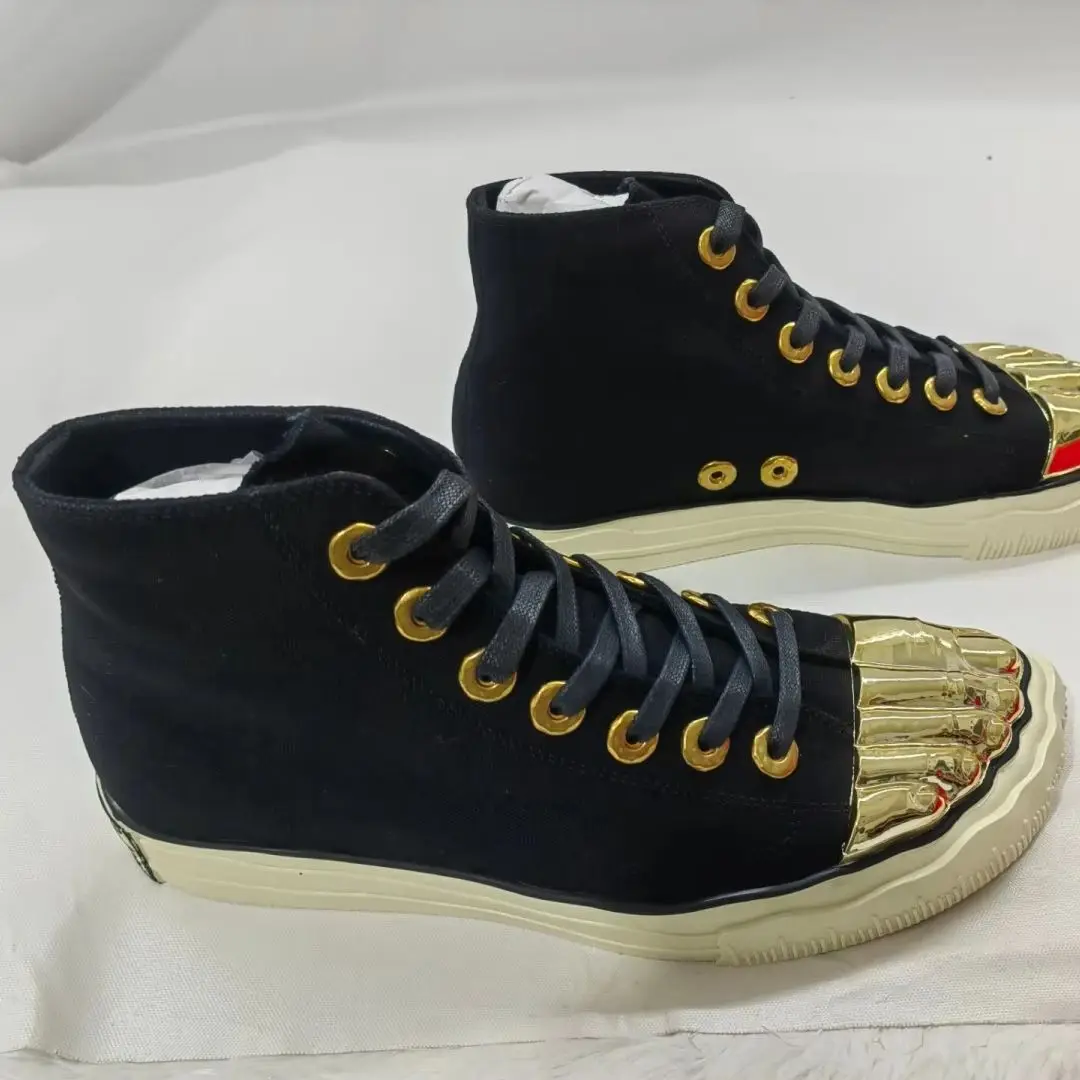 Metal Decor Unique Design Couple Casual Shoes Plus Size New Gold Five Fingers Canvas Trendy Lace-Up Flat Sneakers High Top Shoes