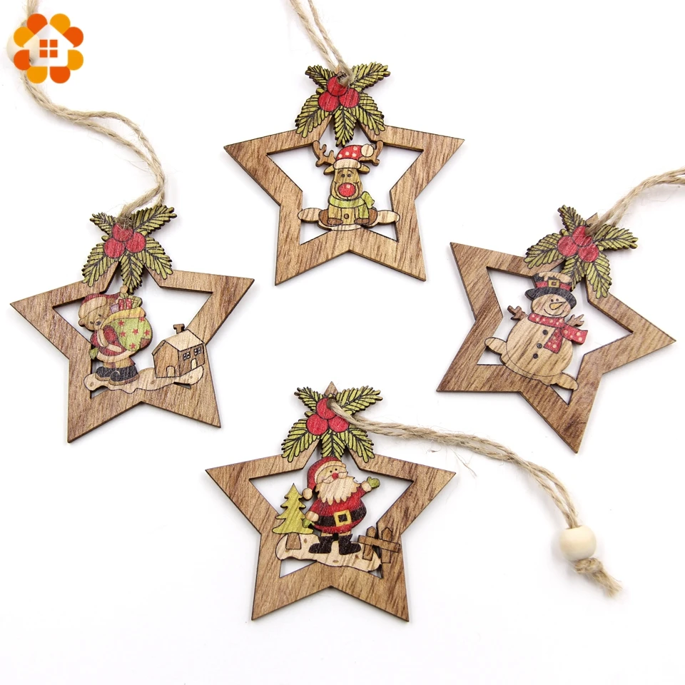Adornos colgantes de madera de estrella de Navidad para niños, 4 piezas,  adorno de árbol de Navidad, manualidades de madera, regalo para el hogar,  decoraciones para fiestas de Navidad / Artículos para fiestas, image size:960x960