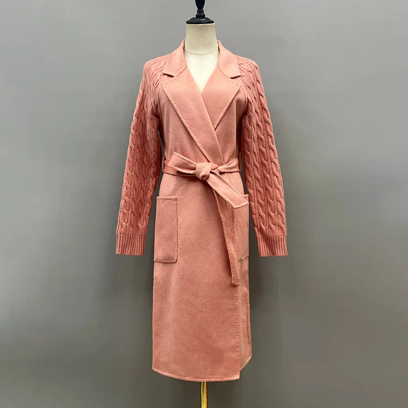 Women Handmade Coat Wool Long Woolen Coat With Belt Female Luxury Solid Color Knitted Sleeves Collar Overcoat BL6510