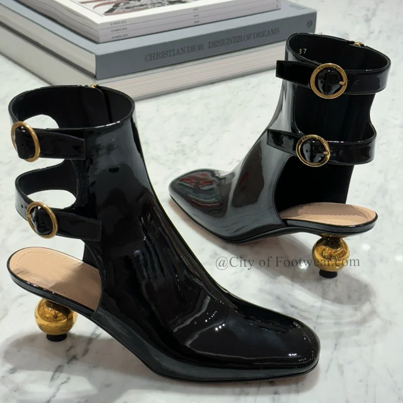 

Black Patent Leather Buckled Summer Sandal Boots Strange Style Heeled 2024 New Runway Shoes Luxury Women's Brand High Boots