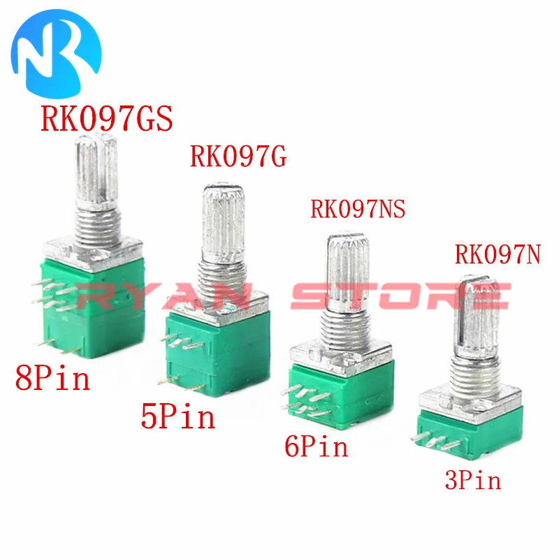 5PCS Potentiometers RK097 RK097N 3/5/6/8Pin 500R B1K 2K 5K B10K 20K 50K B100K B500K 1M Switch Audio Shaft 15mm Amplifier Sealing