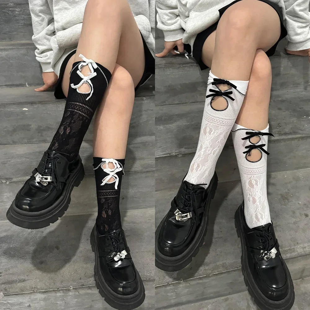 New Girls' Lolita Thin Stockings Calf Socks Girls Summer Jk Stockings Black White Japanese Style Lace Bow Hollow Mid-thigh Tignt