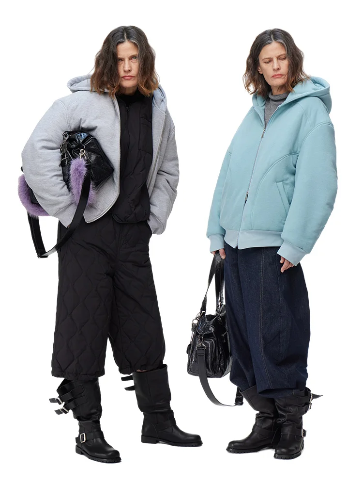 

DNT Loose Fit Long Sve Color Casual Zipper Hooded New Snowy Cotton Jaet Winter Women's Faion Retro Sle Coat