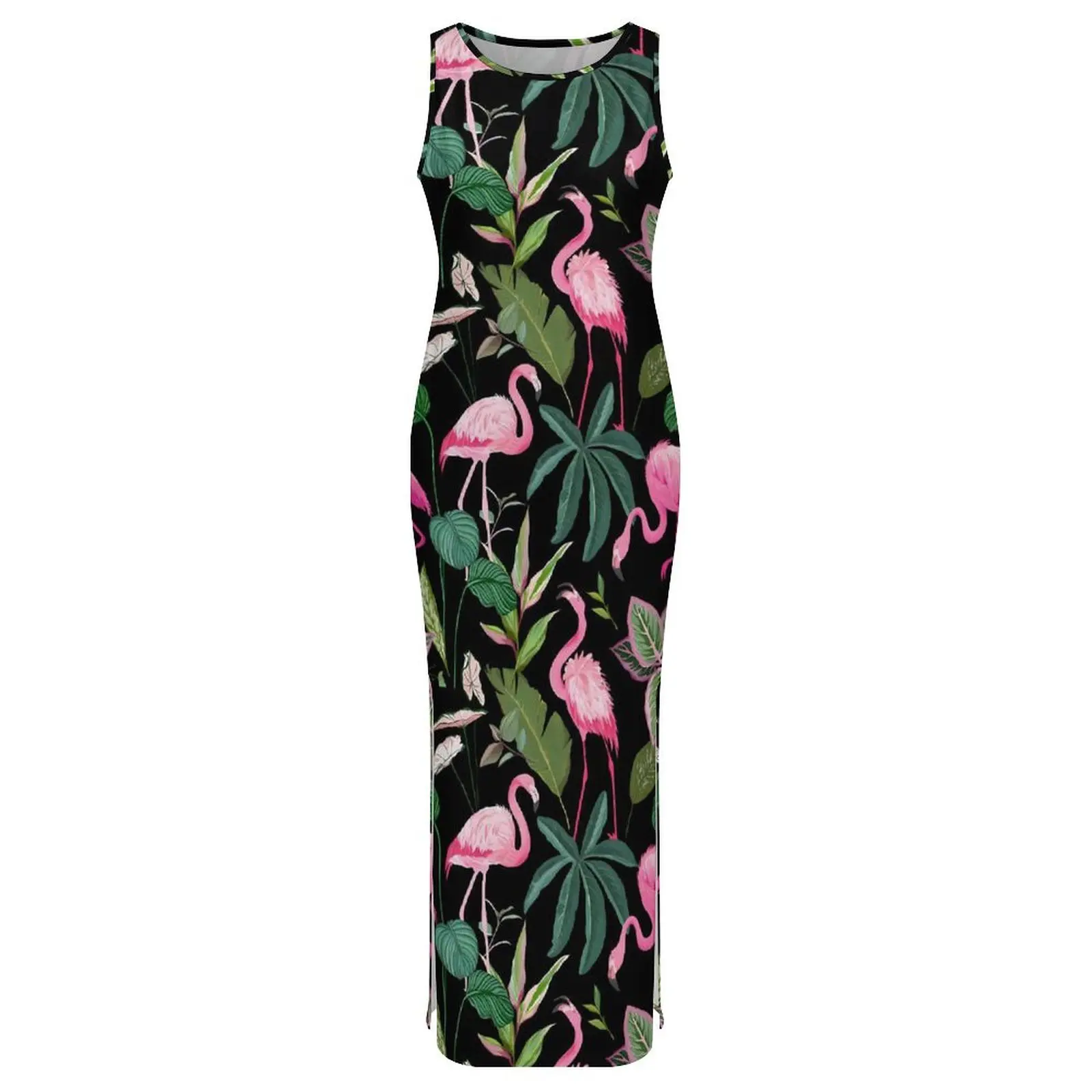 レディーストロピカルバードドレスピンクフラミンゴストリートファッションボディコンドレス春ノースリーブレトロマキシドレスビッグサイズの服