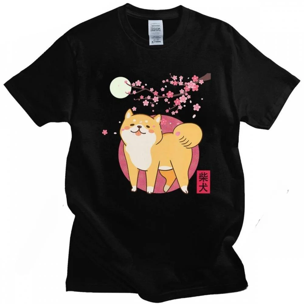 Personality Shiba Inu Tshirt Men's Soft Fabric 100% Cotton T-Shirt Print Dog Of Japan Cherry Blossom Moon Kanji Tee Shirt