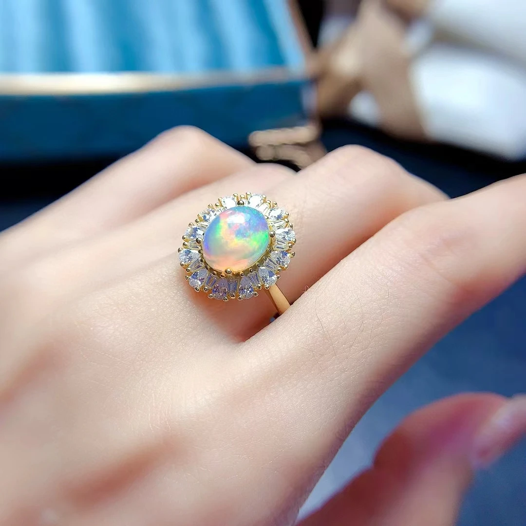 

Роскошное кольцо с белым опалом 925 пробы для вечеринки, 8 мм * 10 мм, кольцо с натуральным австралийским опалом и позолоченным женским подарком на день рождения