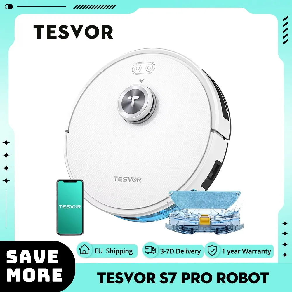 Tesvor S7 Pro Robot Vacuum Cleaner with Mop Function 6000Pa Suction Laser Navigation 600ml Dustbin 180Mins Runtime App Control